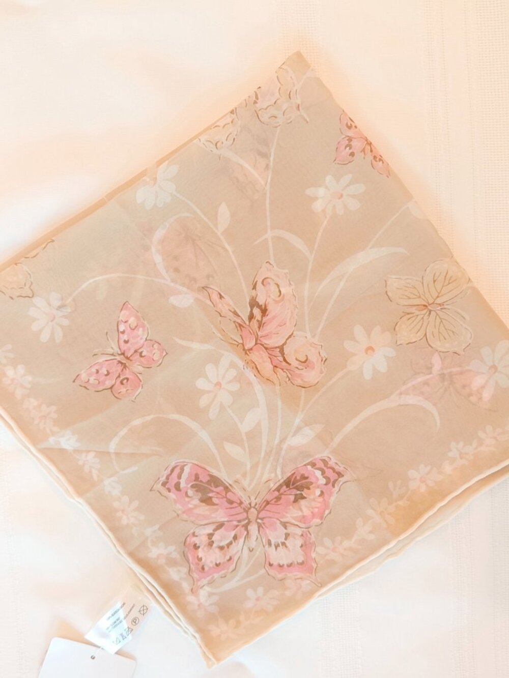 Vintage Liz Claiborne Scarf Women 20x20 Pastel Beige Pink Butterflies Sheer NEW